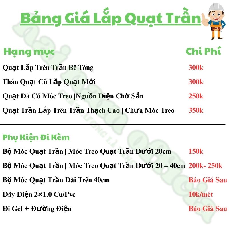 Lắp quạt trần chuyên nghiệp | dịch vụ tốt az – hotline 0961. 661. 022 3 Bảng giá lắp quạt trần